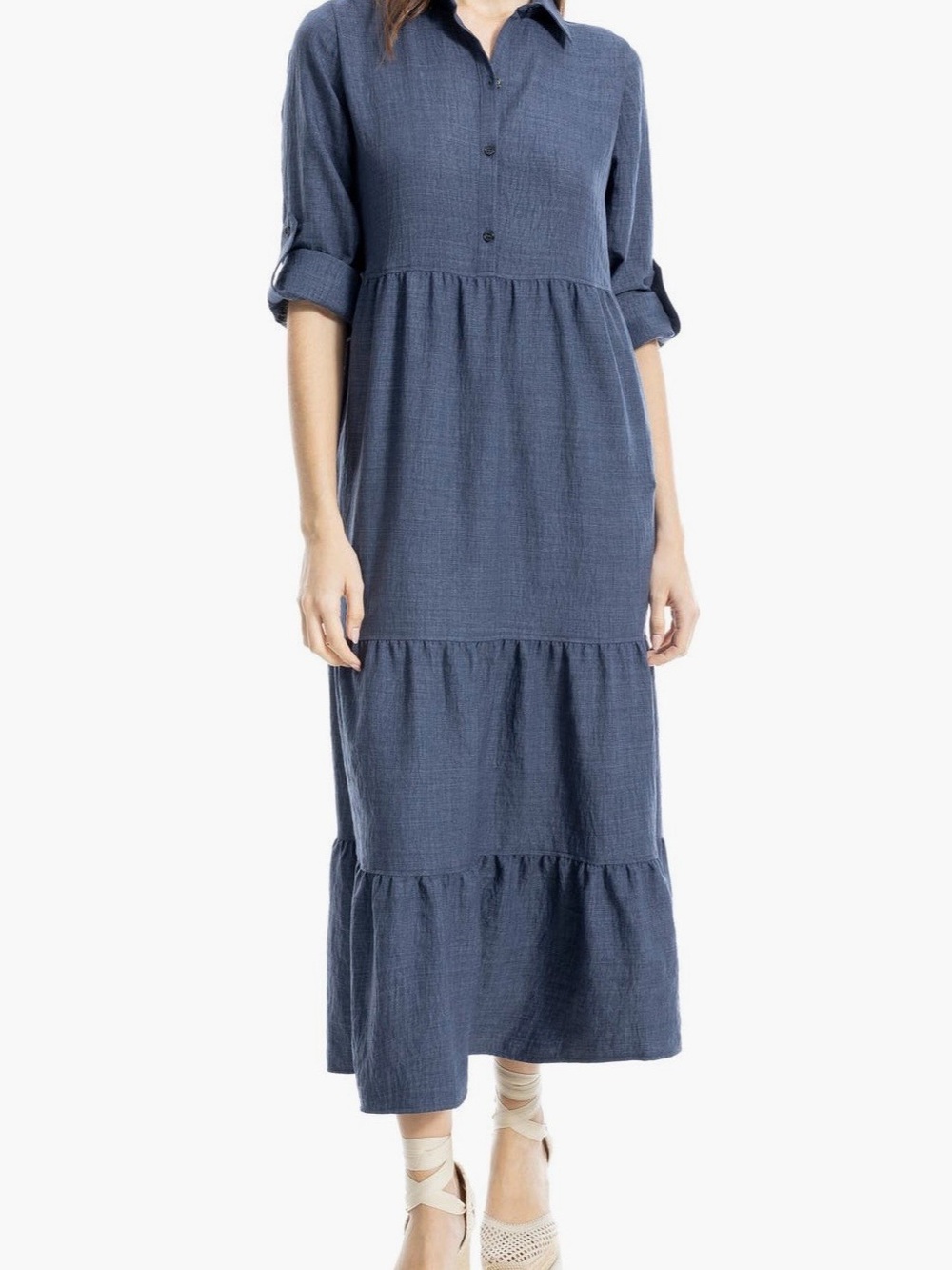 Max Studio Navy Textured Tiered Maxi Shirt Dress